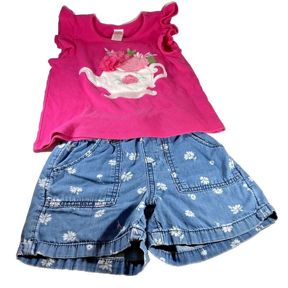 Girl's Summer Outfit Floral Shorts and Pink Sleeveless Top w/ Teapot Size 6